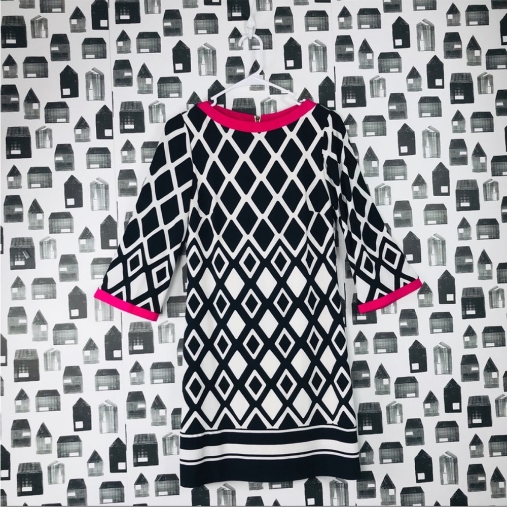 Eliza J Dress / Patterned black, white, & pink detail
